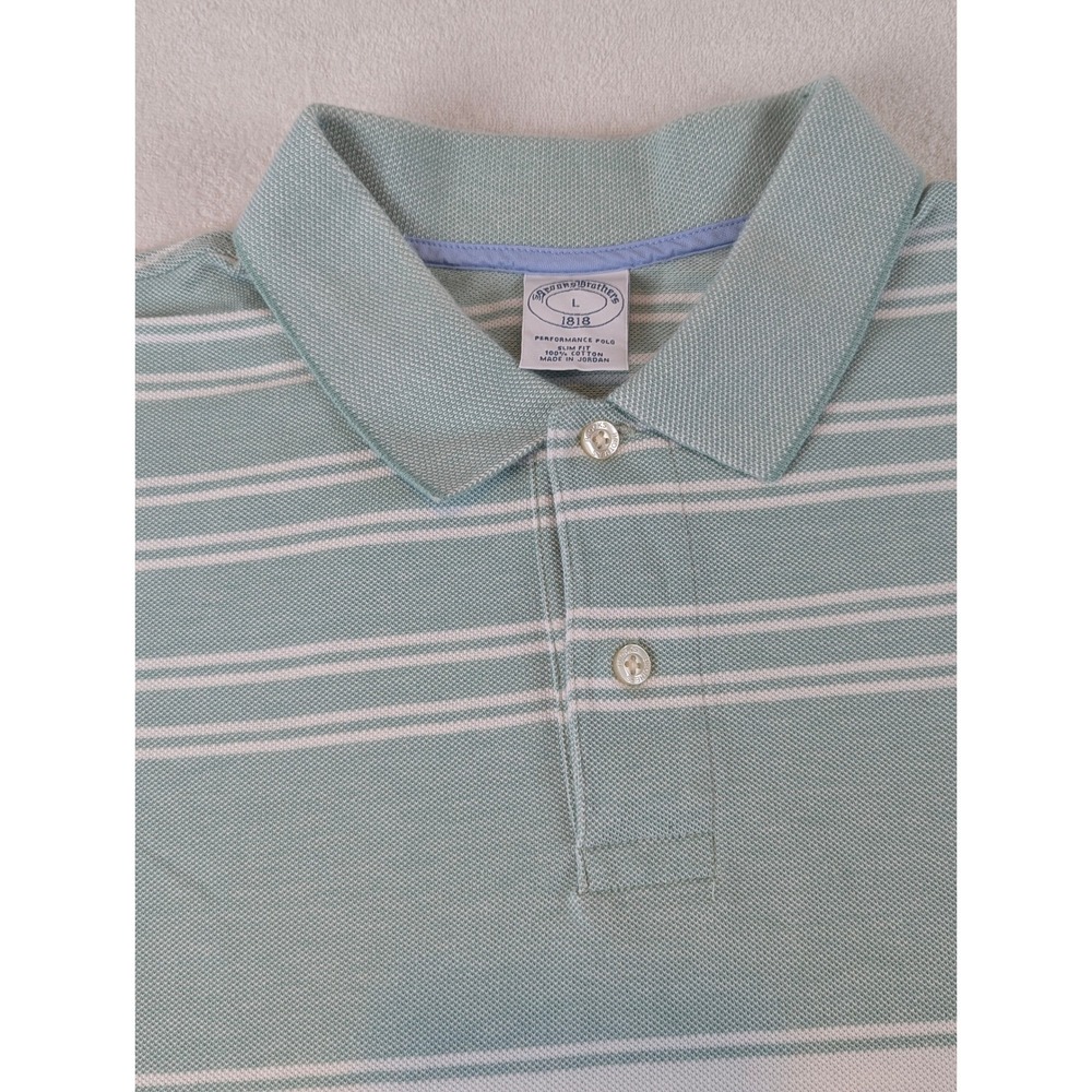 Brooks Brothers 1818 Performance Polo Shirt Mens Large Slim Fit Green Striped